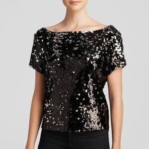 Milly Tees Sequined Boat Neck Short Sleeve Scoop Back Top 8 Black/Silver
